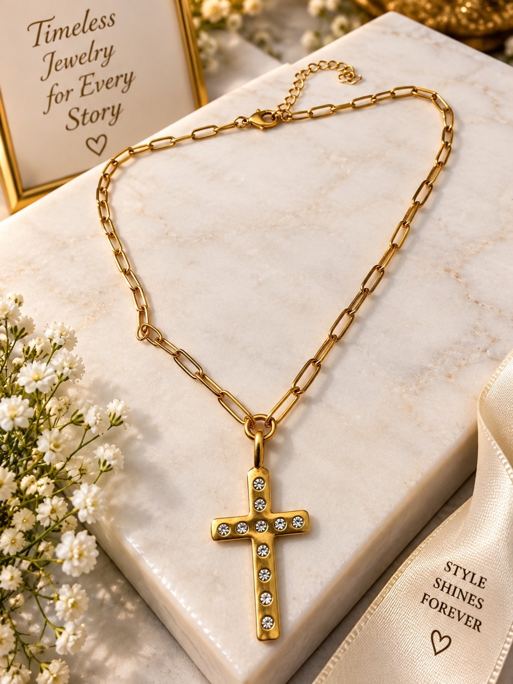 Gold Cross Pendant Necklace with Crystals - Women Jewelry